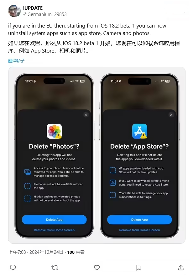 港口镇苹果手机维修分享iOS 18.2 支持删除 App Store 应用商店 